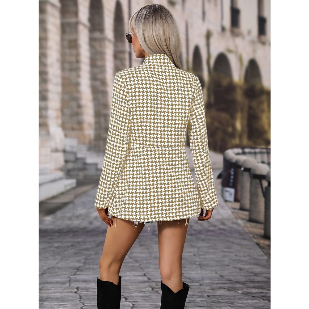 Notched Collar Houndstooth Print Open Front Peaco… - image 3
